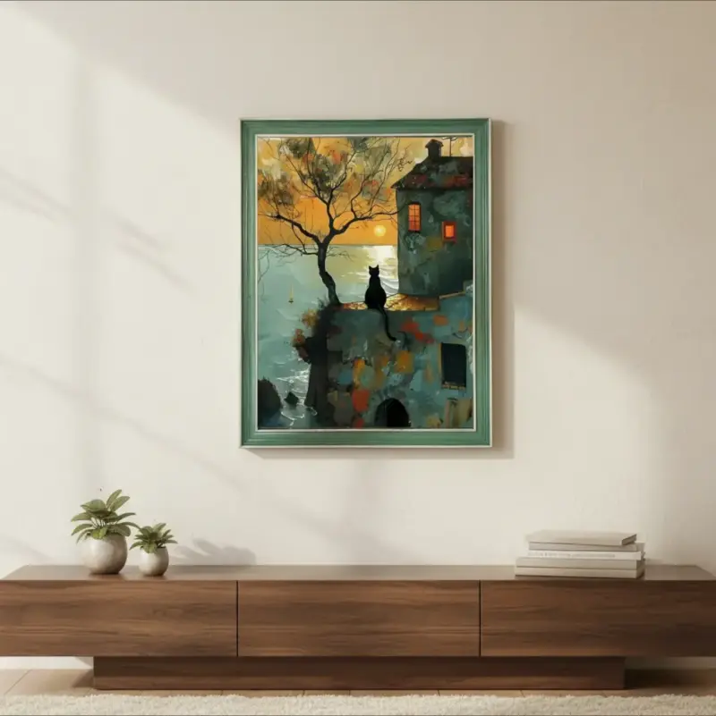 Elegante Cuadro Decorativo Gato Al Atardecer 34x44 - 1