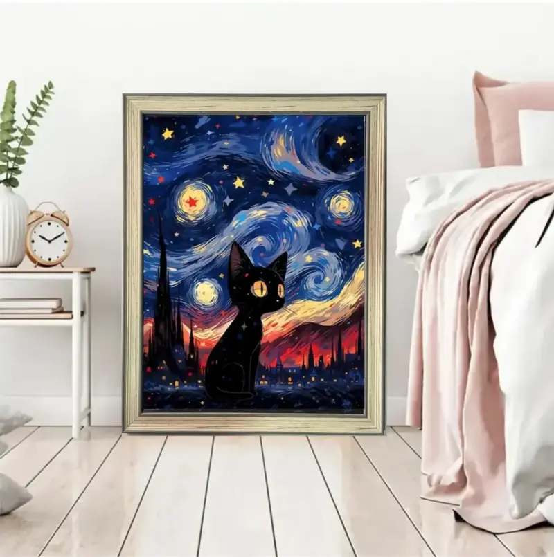 Cuadro Decorativo Gato Van Gogh Starry Night 44x34 - 1