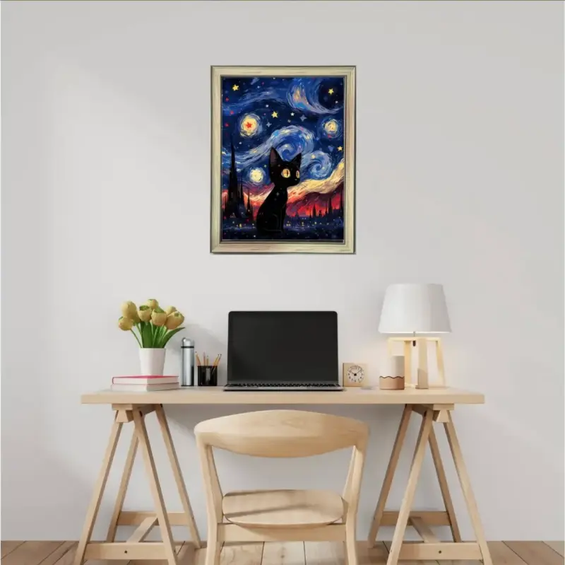 Cuadro Decorativo Gato Van Gogh Starry Night 44x34 - 2