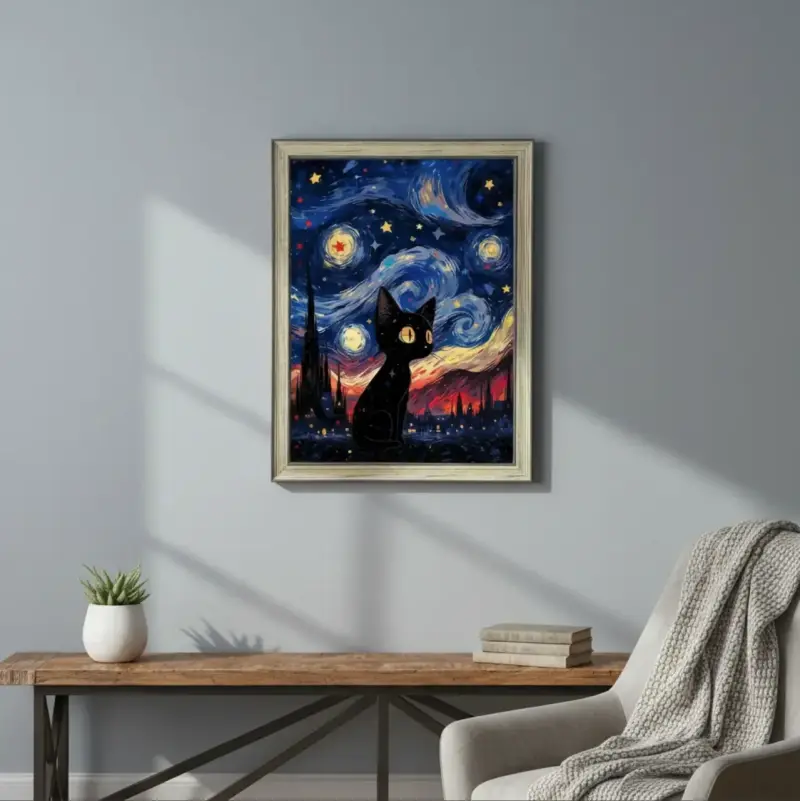 Cuadro Decorativo Gato Van Gogh Starry Night 44x34 - 3