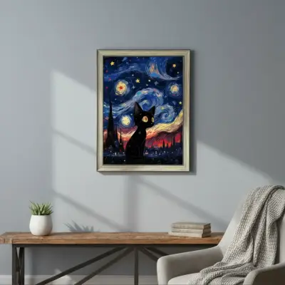 Cuadro Decorativo Gato Van Gogh Starry Night 44x34 - miniatura 3