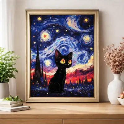 Cuadro Decorativo Gato Van Gogh Starry Night 44x34 - miniatura 5