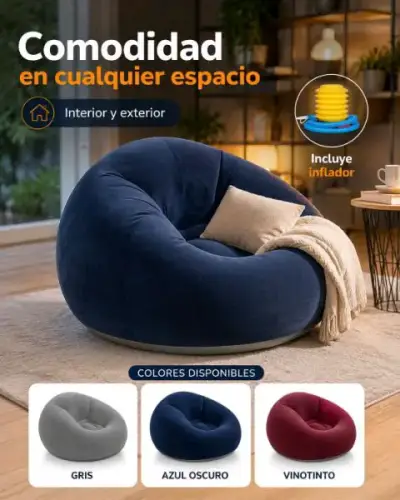 Sillón puff inflable azul oscuro con inflador - miniatura 1