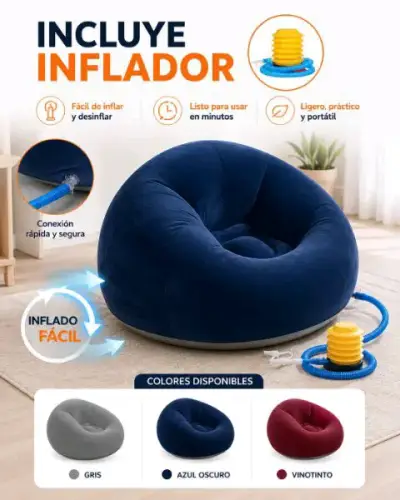 Sillón puff inflable azul oscuro con inflador - miniatura 2