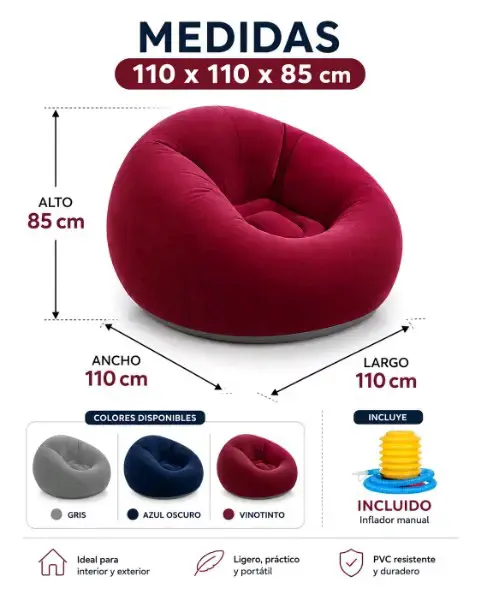 Sillón puff inflable azul oscuro con inflador - 3
