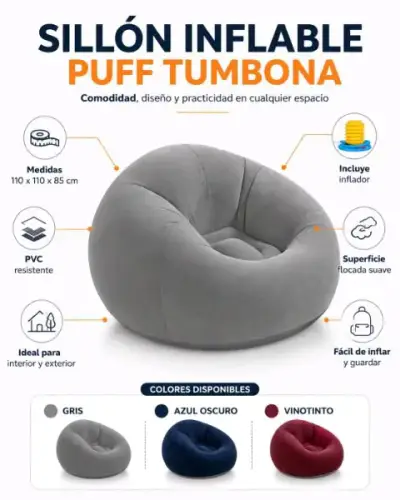 Sillón puff inflable azul oscuro con inflador - miniatura 4