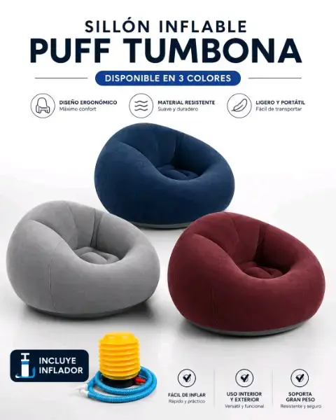Sillón puff inflable azul oscuro con inflador - 5