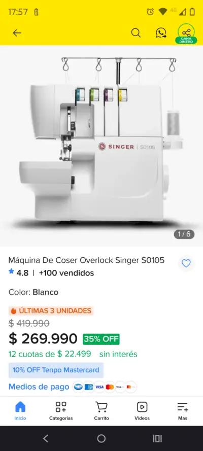 Máquina de Coser Overlock Singer S0105 Blanca - miniatura 1