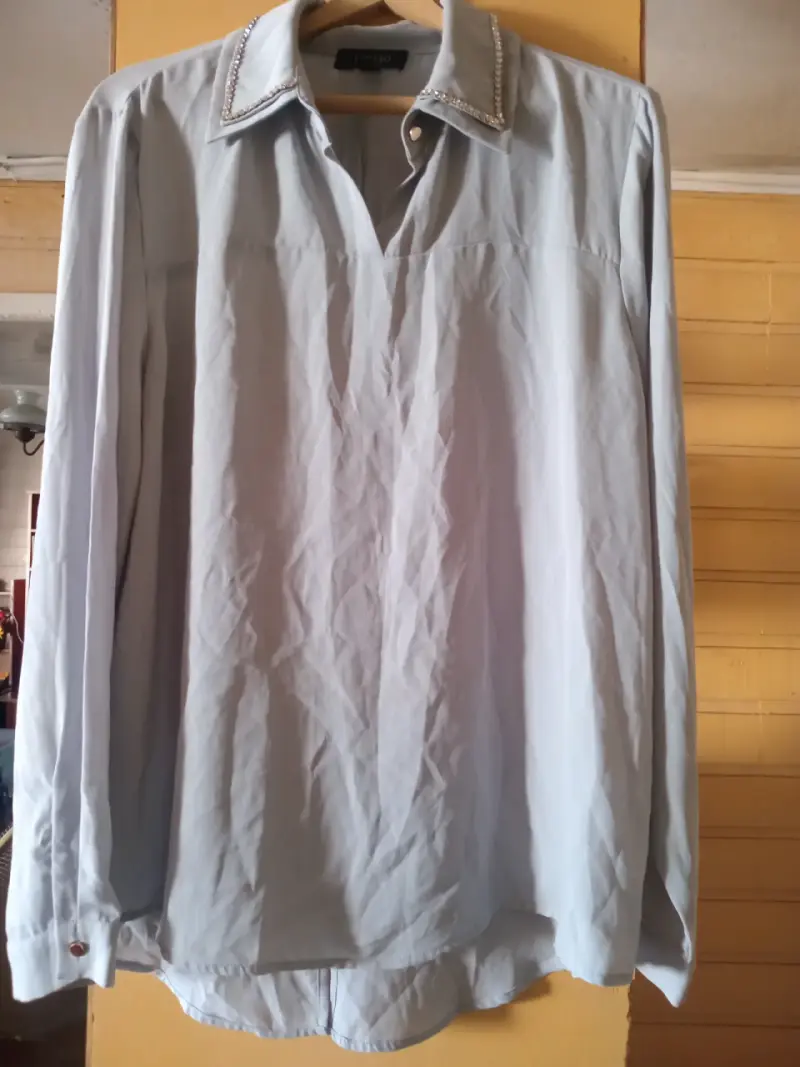 Blusa celeste con cuello decorado