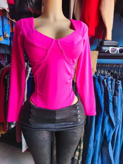 Blusa fucsia y ocre de manga larga ajustada - miniatura 1