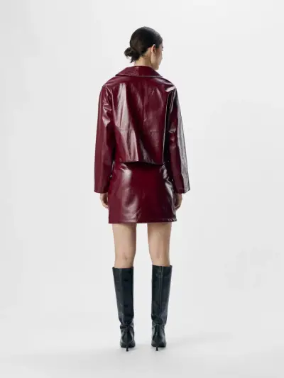Chaqueta de cuero sintético burdeo con cierre - miniatura 3