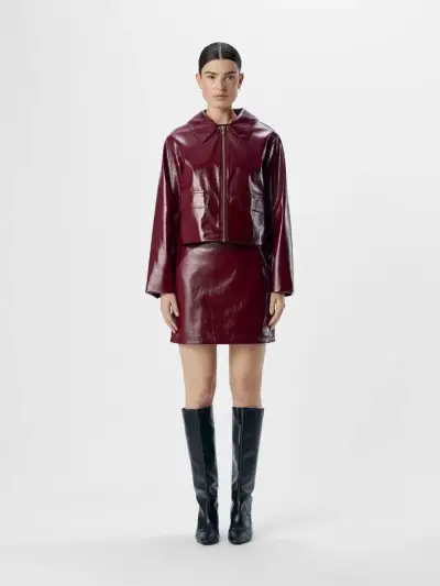 Chaqueta de cuero sintético burdeo con cierre - miniatura 4