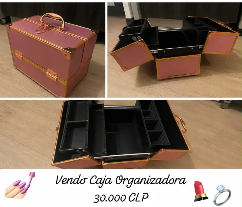 Caja organizadora de maquillaje rosa y dorada