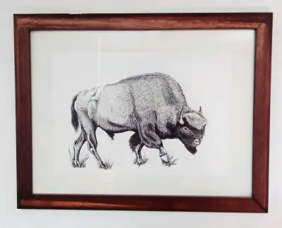 Cuadro con marco de madera y dibujo de bisonte - miniatura 1