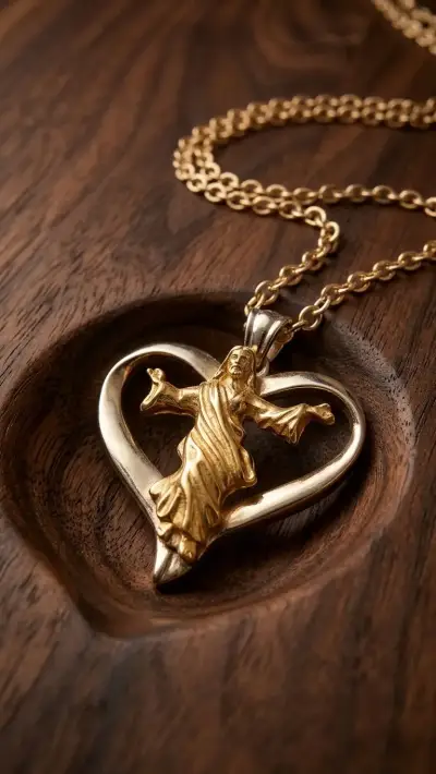 Collar de corazón con figura religiosa dorada - miniatura 1
