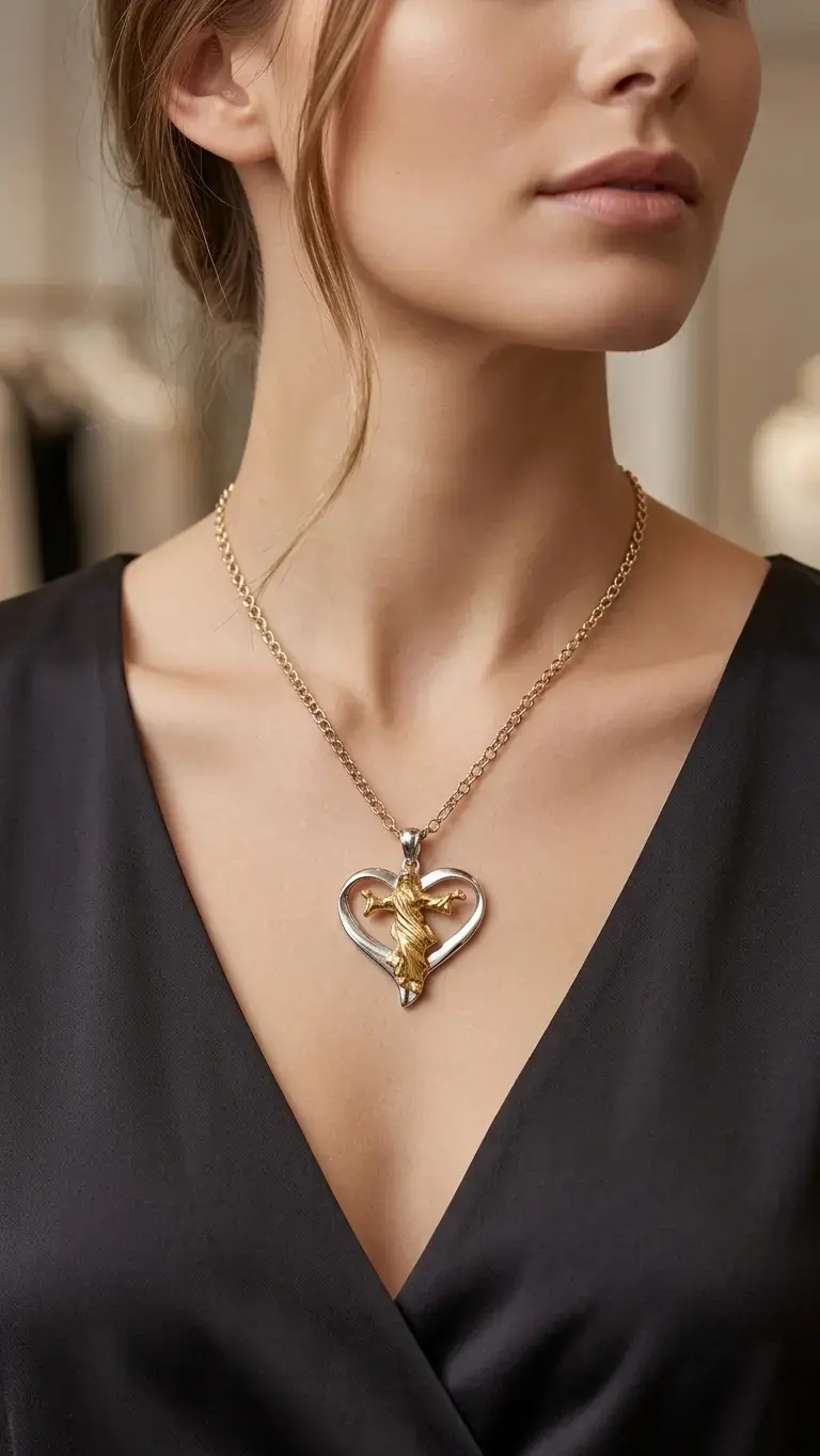 Collar de corazón con figura religiosa dorada - 2