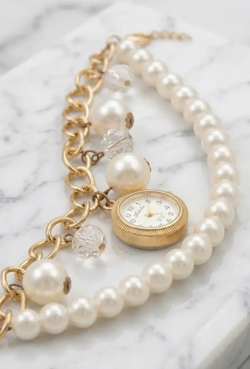 Reloj pulsera de perlas y cadena dorada - 1