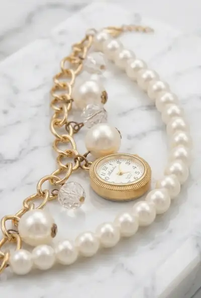 Reloj pulsera de perlas y cadena dorada - miniatura 1