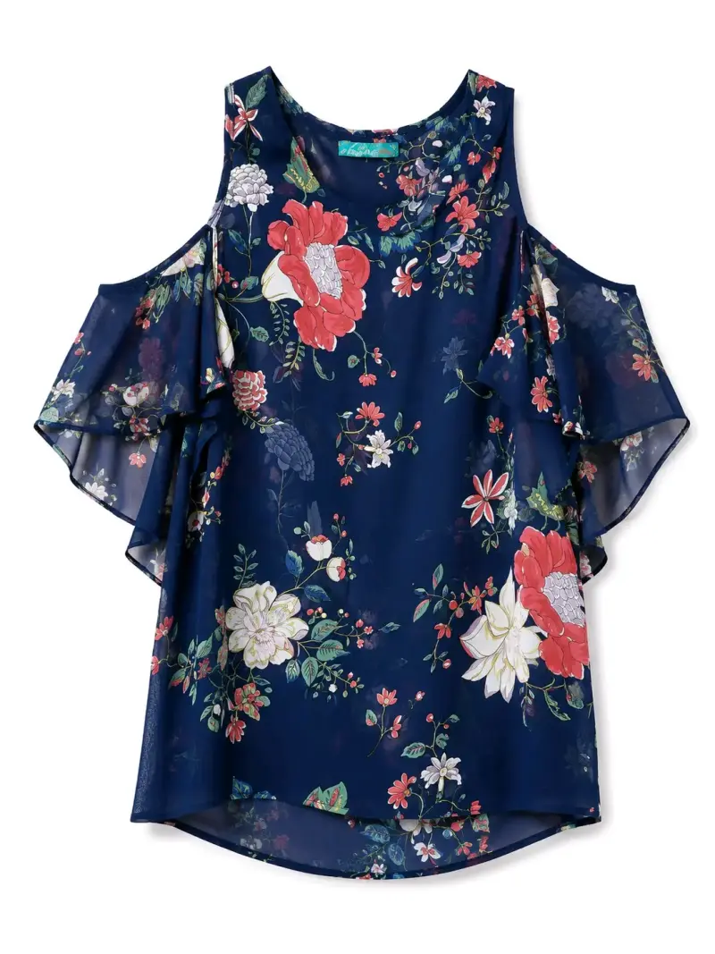 Blusa floral azul con hombros descubiertos