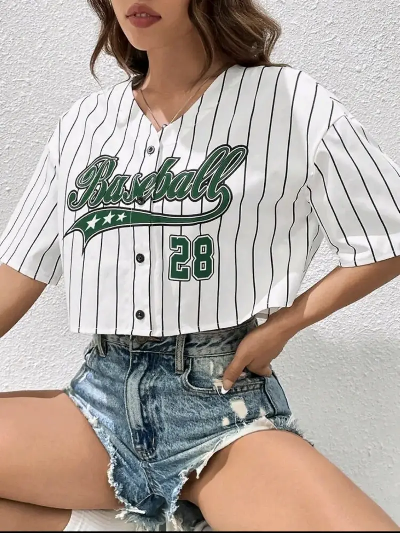 Camiseta corta estilo béisbol a rayas - 1