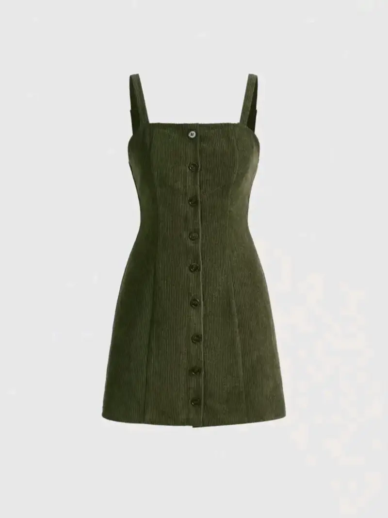 Vestido verde de pana con botones - 1