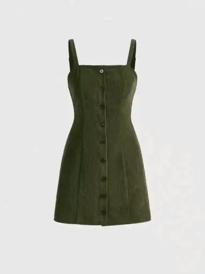 Vestido verde de pana con botones - miniatura 1