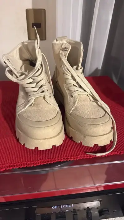 Botines de lona beige con plataforma - miniatura 4