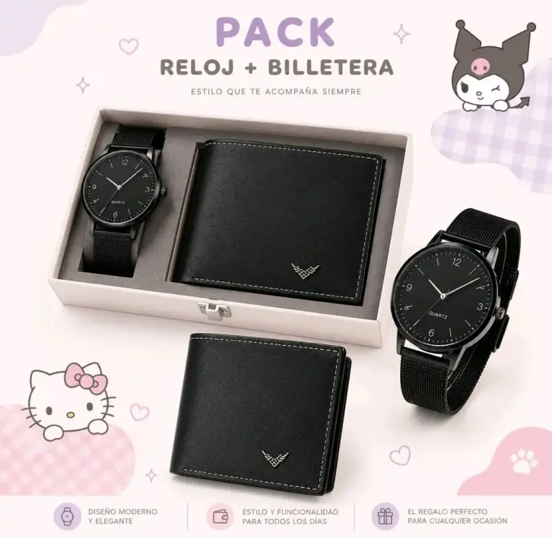 Pack reloj y billetera negro elegante