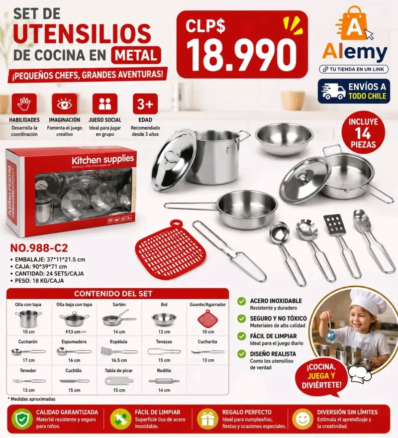 Set de utensilios de cocina en metal para niños
