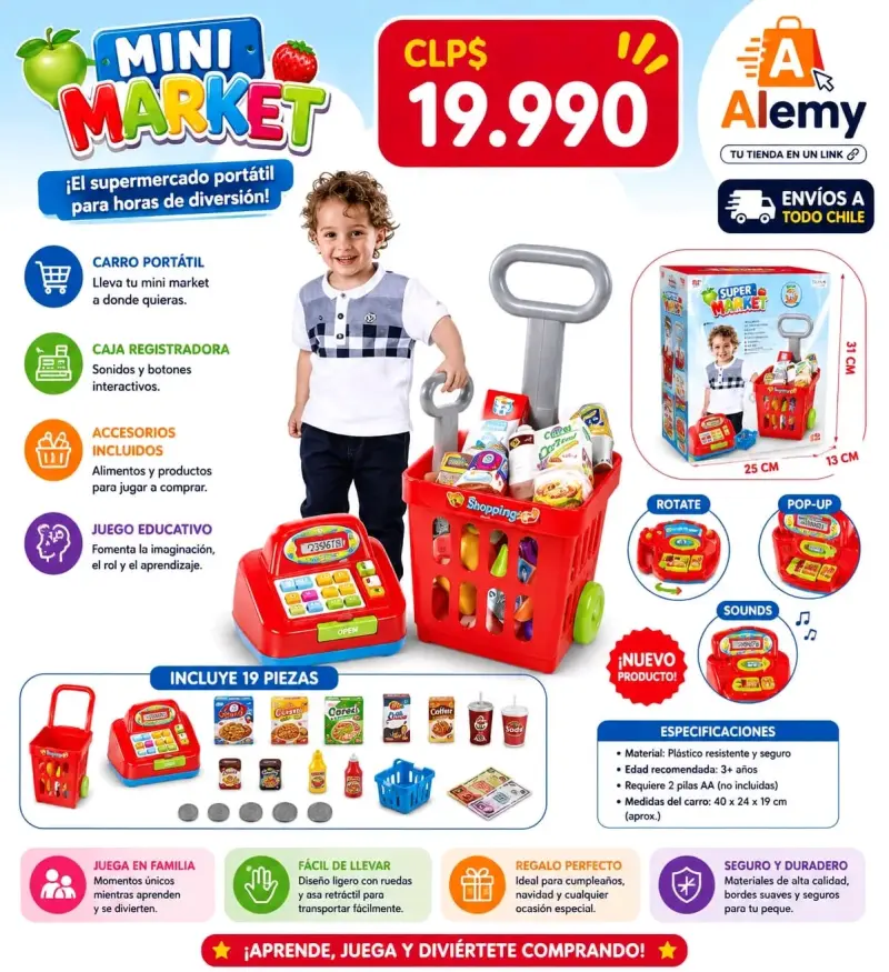 Mini supermercado portátil con carrito y caja registradora