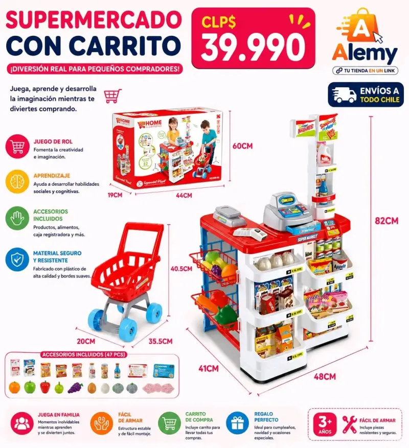 Supermercado de juguete con carrito y accesorios