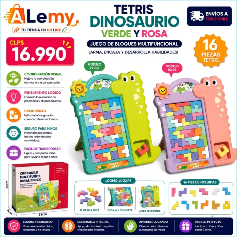 Juego de bloques Tetris Dinosaurio verde y rosa