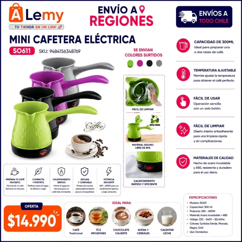 Mini cafetera eléctrica 300ml colores surtidos