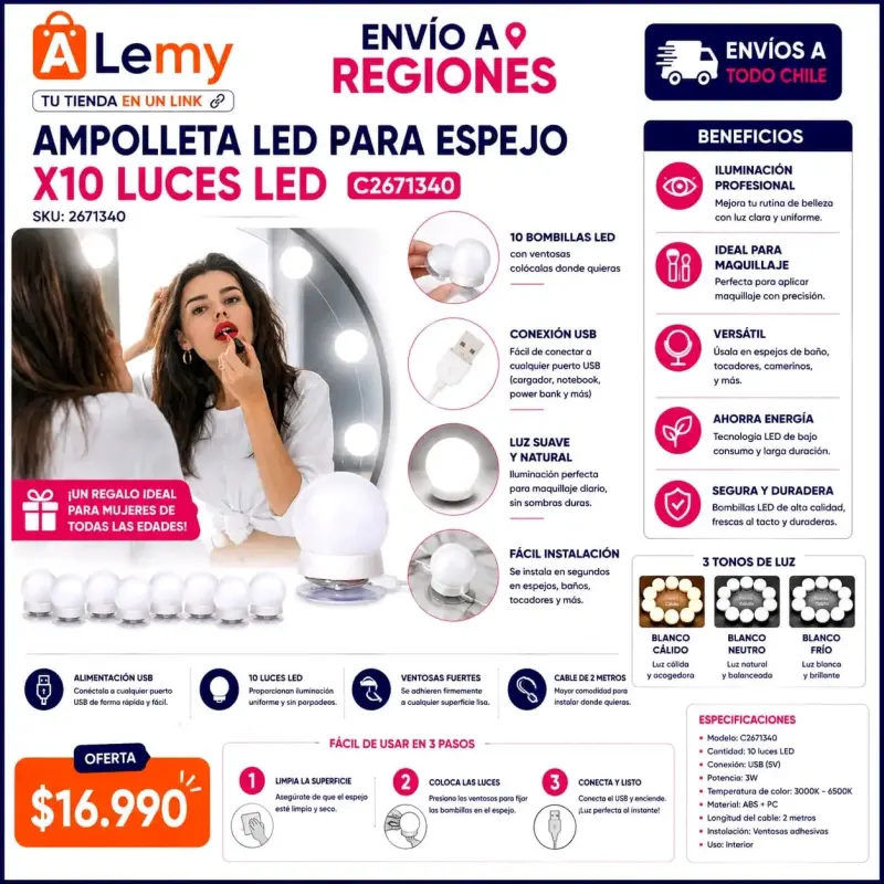 Ampolleta LED para espejo con 10 luces