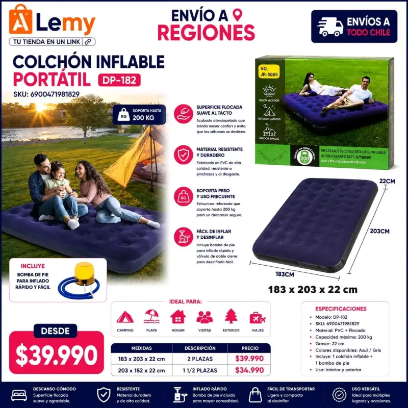 Colchón inflable portátil 2 plazas LeMy