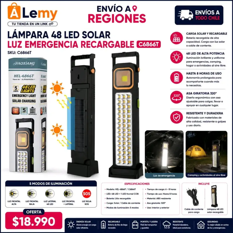 Lámpara solar 48 LED recargable de emergencia