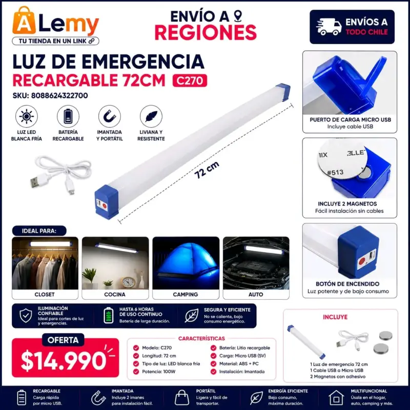 Luz de emergencia recargable 72cm C270