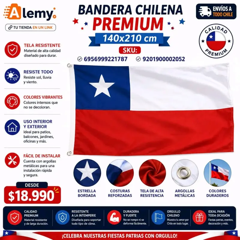 Bandera Chilena Premium 140x210 cm resistente