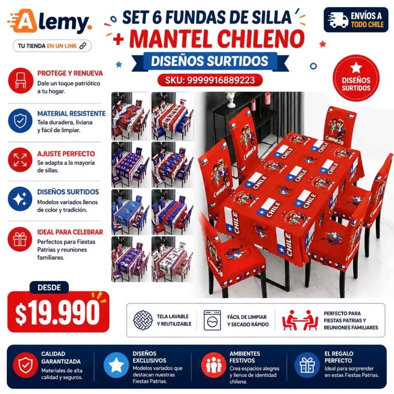 Set de 6 fundas de silla y mantel chileno