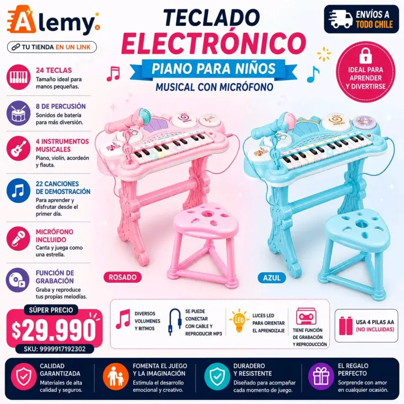 Teclado electrónico infantil con micrófono