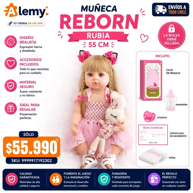 Muñeca Reborn Rubia 55 cm con accesorios