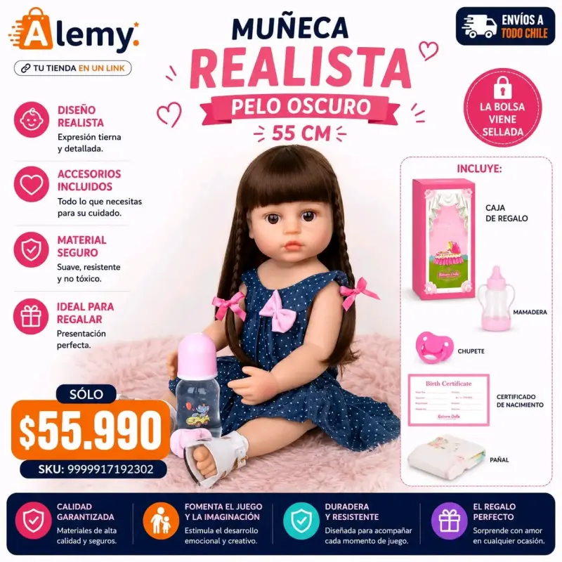 Muñeca realista pelo oscuro 55 cm