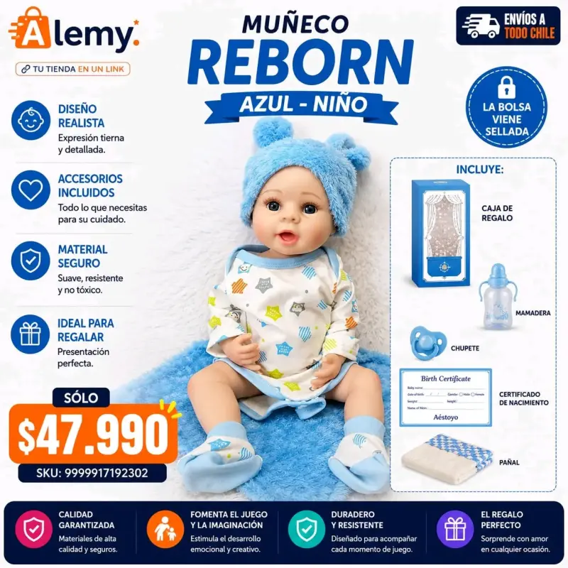 Muñeco Reborn Azul Niño con Accesorios