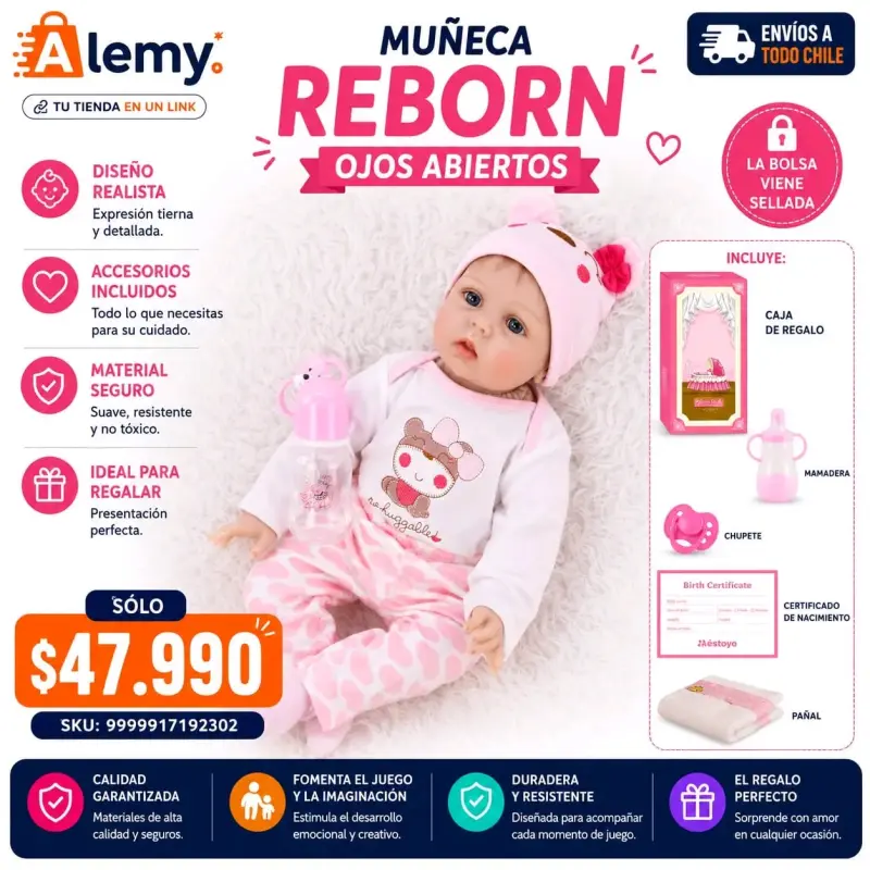Muñeca Reborn con ojos abiertos y accesorios