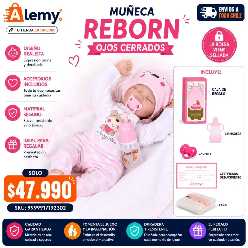 Muñeca Reborn con ojos cerrados y accesorios