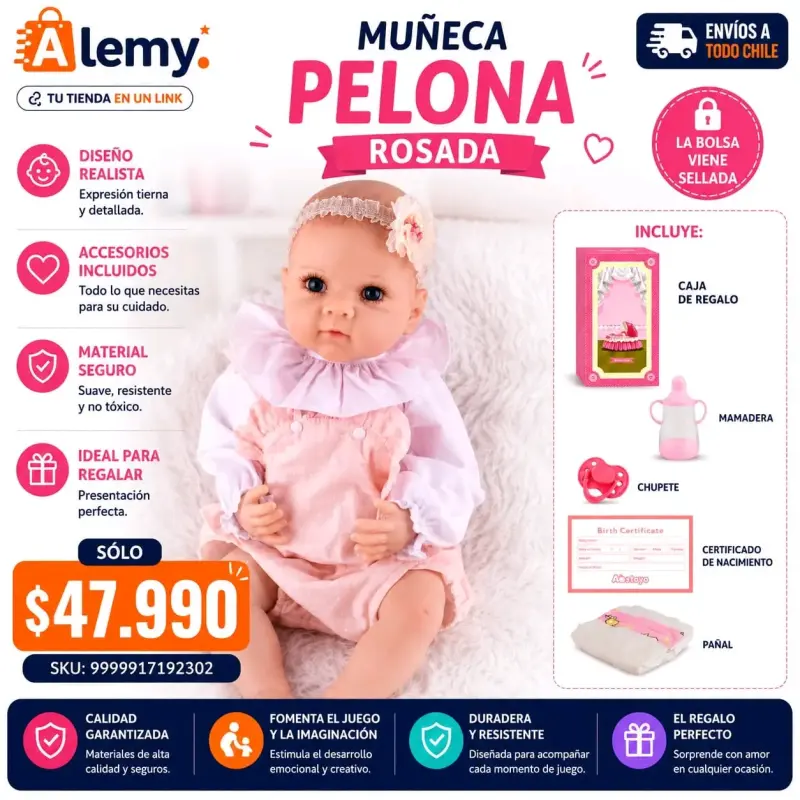 Muñeca pelona rosada con accesorios