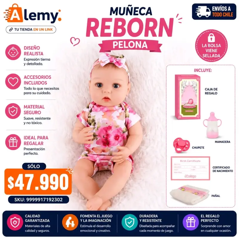 Muñeca Reborn Pelona con accesorios