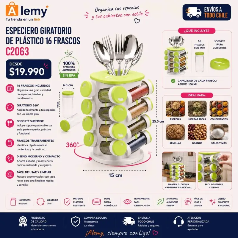 Especiero giratorio de plástico con 16 frascos