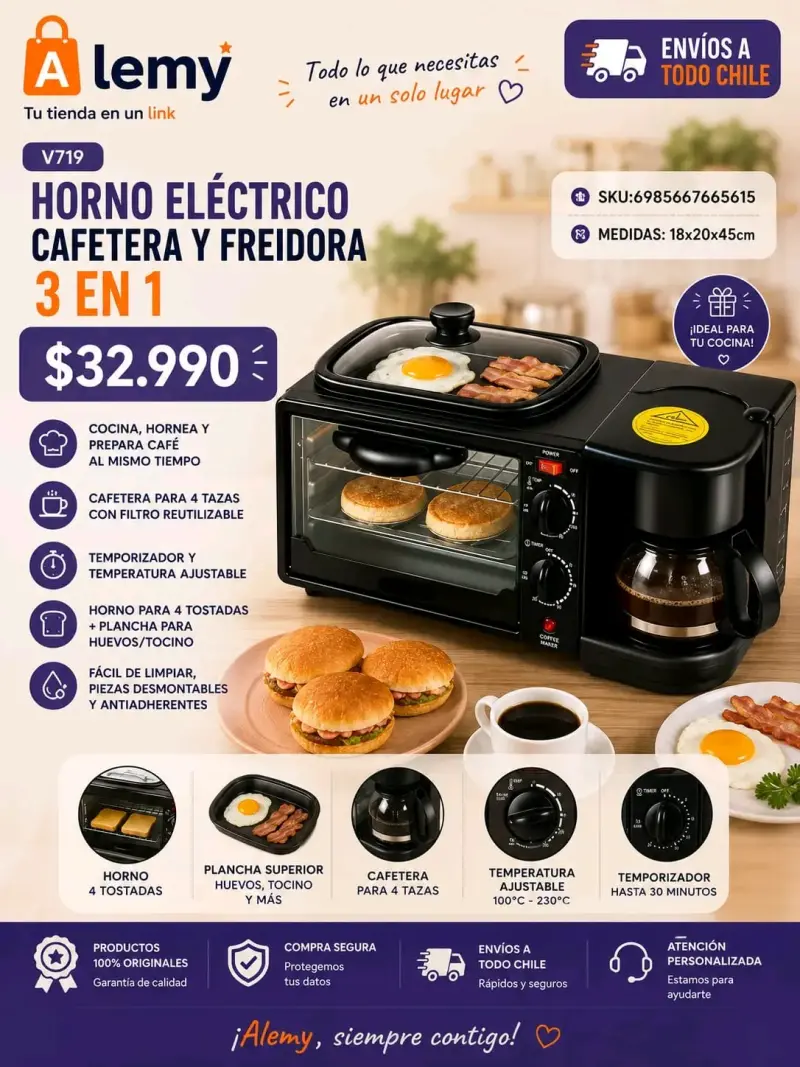 Horno eléctrico 3 en 1 con cafetera y freidora