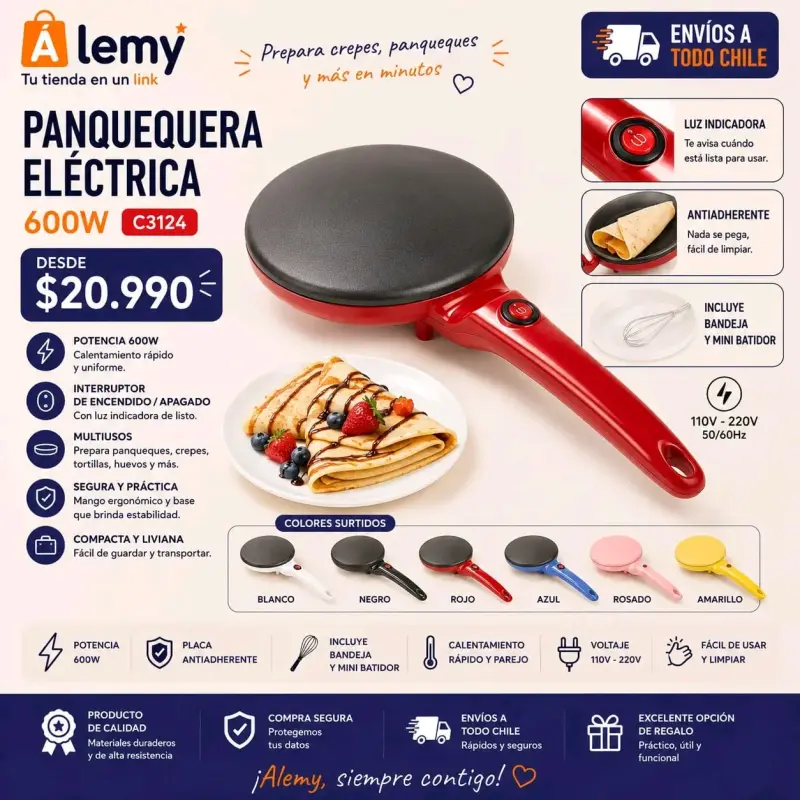Panquequera eléctrica 600W roja antiadherente